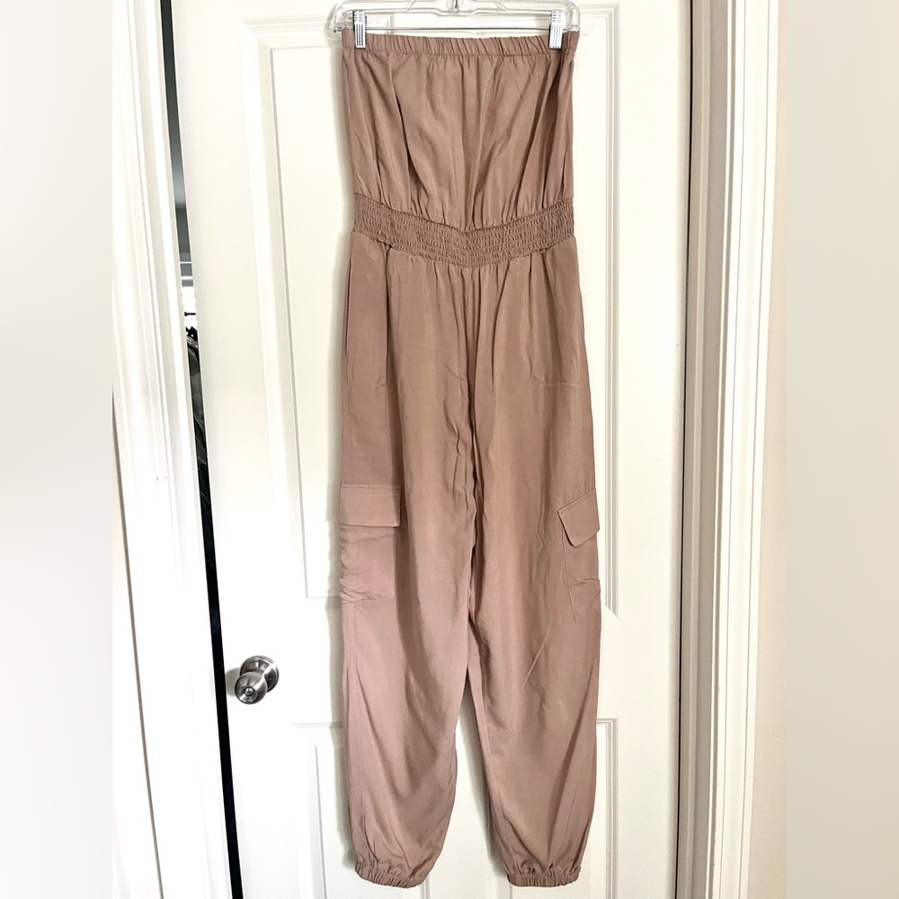 Strapless Jogger Jumpsuit, Tan - Size Small